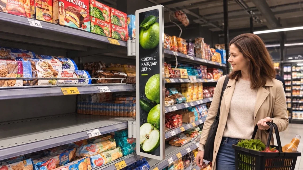 ADTS Ultra Slim 35 with advertising in a retail aisle